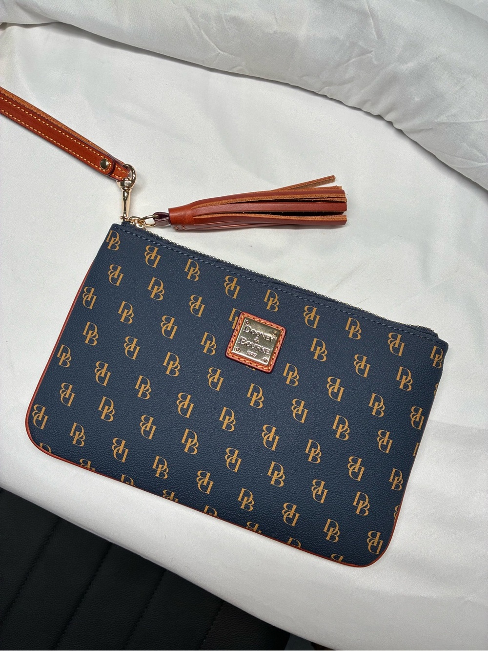 Dooney & Bourke Navy and Tan Logo Wristlet with Tassel